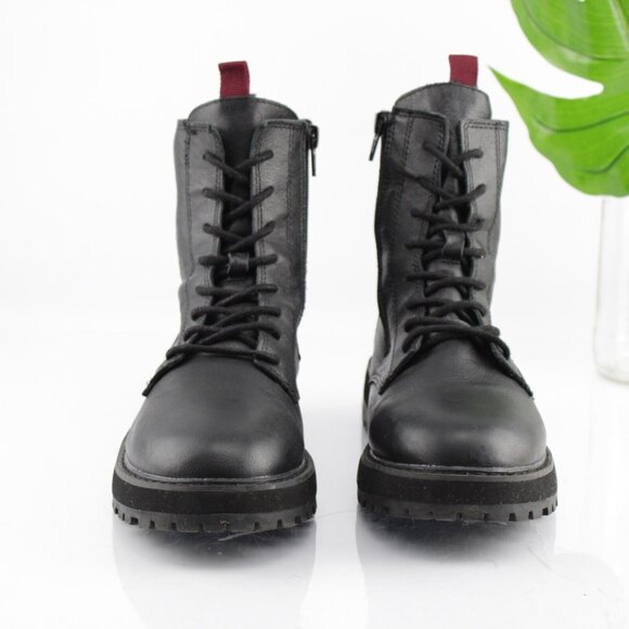 Zara Womens Combat Boot Size 37 6 Black Leather Lace Up Chunky Lug Sole Bootie - Picture 2 of 13